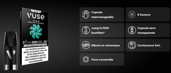 Caractéristiques des capsules Vuse Ultra - puce connectée, mèche céramique, 2 ml